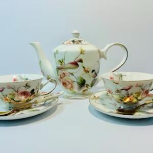 Grace 7 Piece Teaware Set Fine Porcelain Spring Flowers With Hummingbird